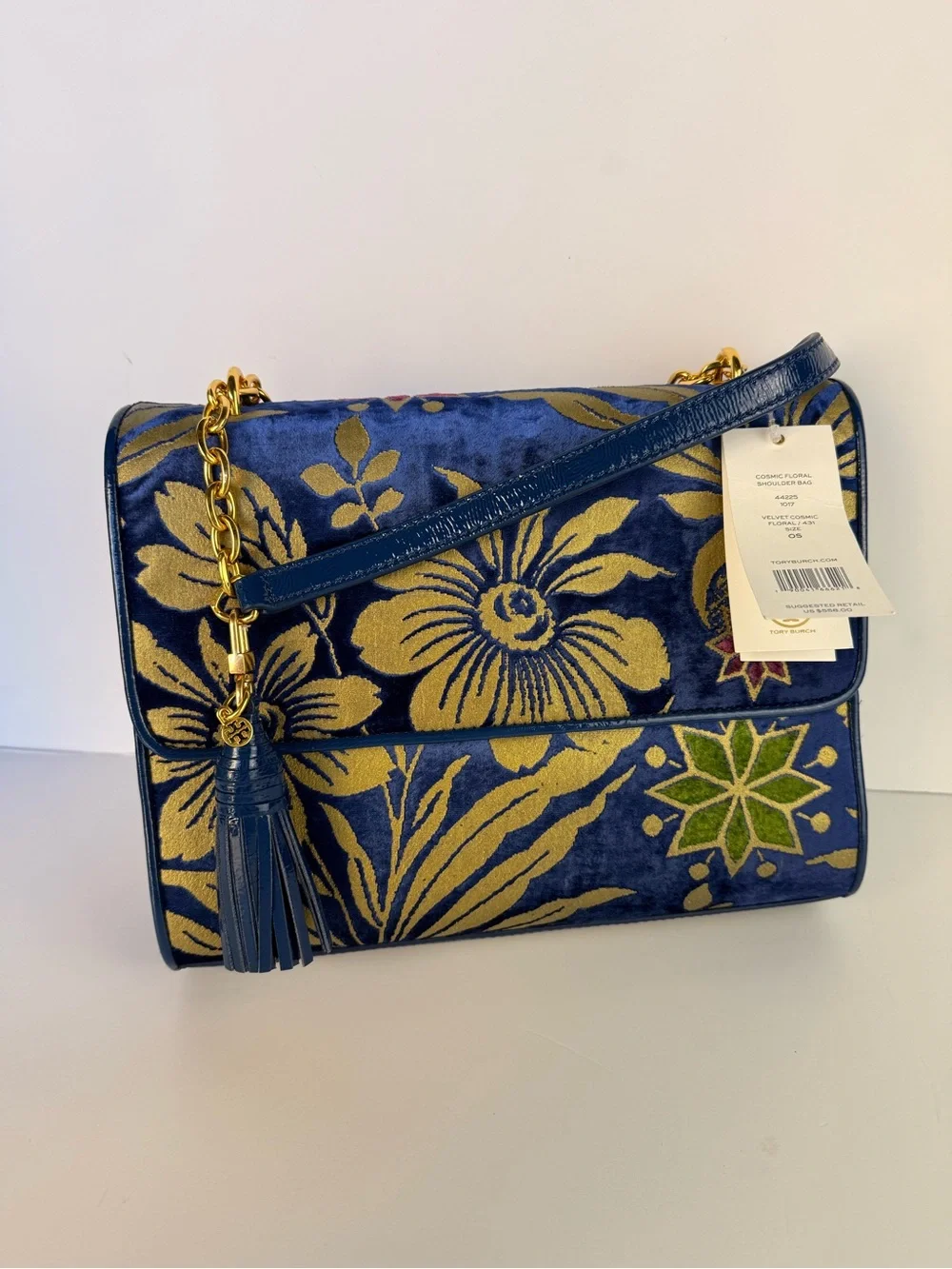 Tory Burch Cosmic Floral Velvet Shoulder Bag Blue Gold Chain $558